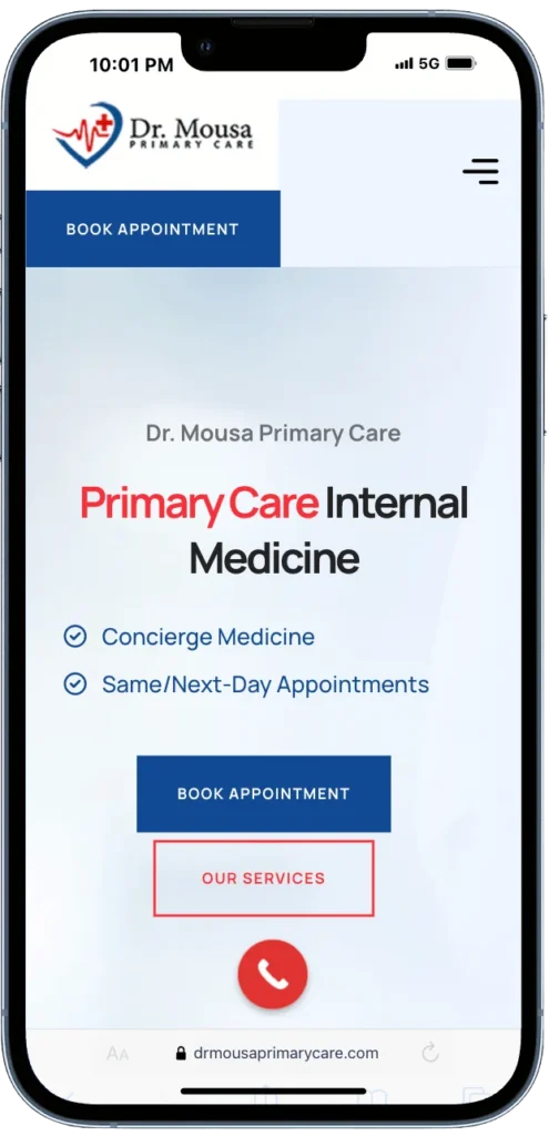 Dr. Mousa Primary Care website shown on a smartphone