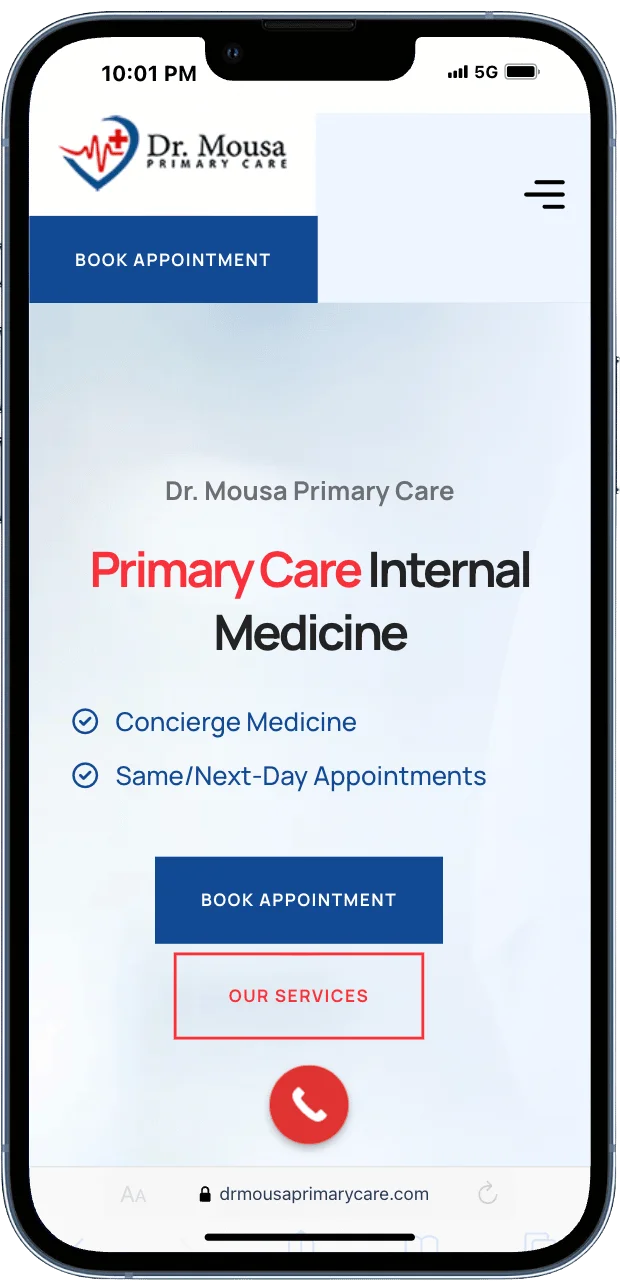 Dr. Mousa Primary Care website shown on a smartphone