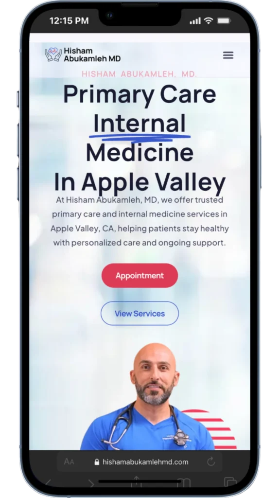 Hisham Abukamleh, MD primary care website shown on a smartphone