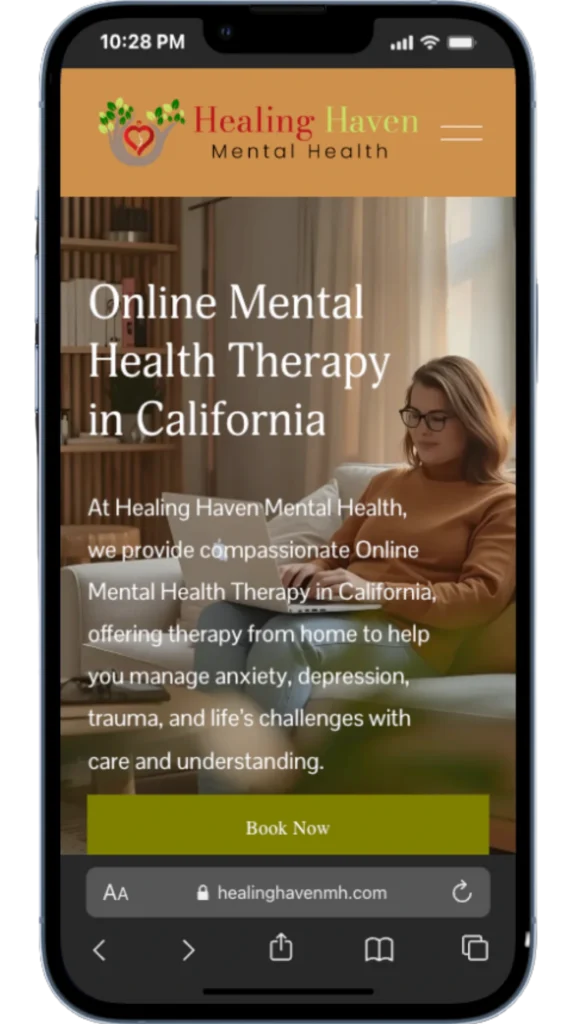 Healing Haven Mental Health therapy website shown on a smartphone