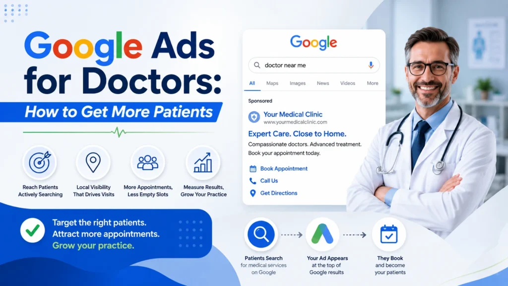 Google search showing a sponsored medical clinic ad beside a smiling doctor
