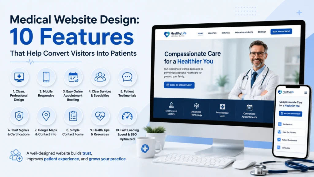 Medical practice website shown on desktop and mobile with website feature icons