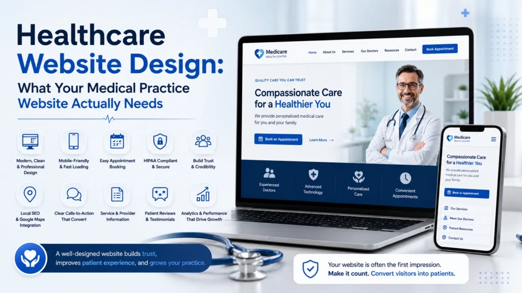 Healthcare website shown on a laptop and phone with website feature icons