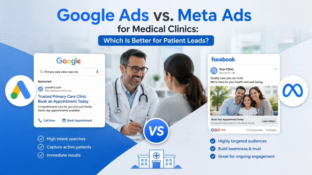 Google Ads search result compared with a Facebook ad for a medical clinic