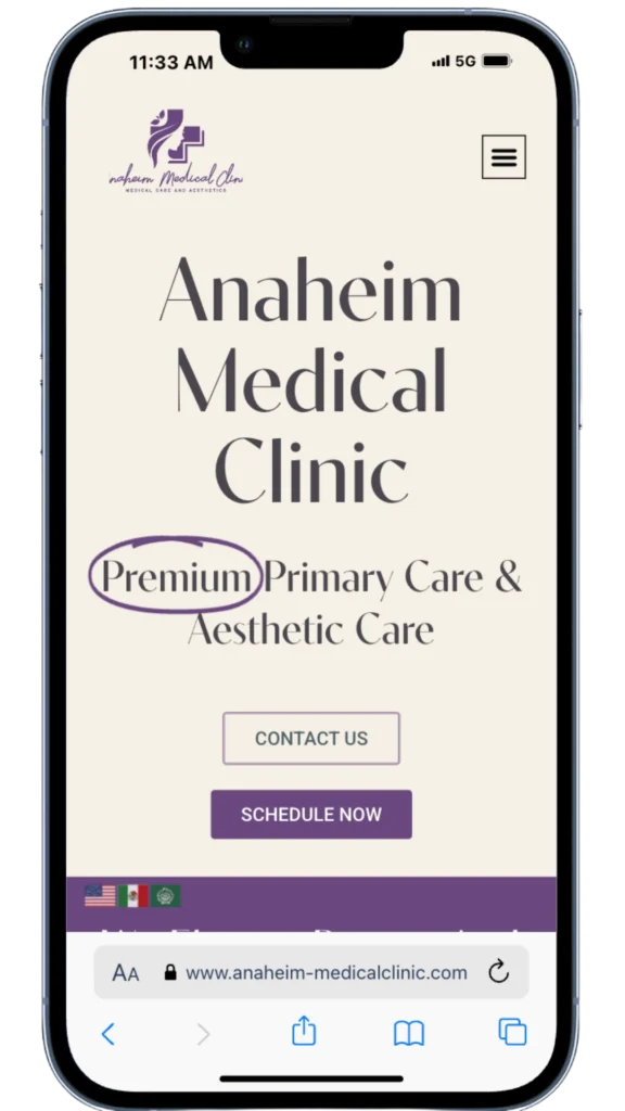 Anaheim Medical Clinic website shown on a smartphone