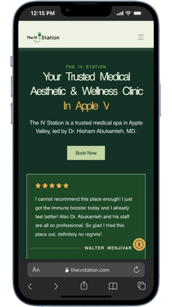 The IV Station medical spa website shown on a smartphone