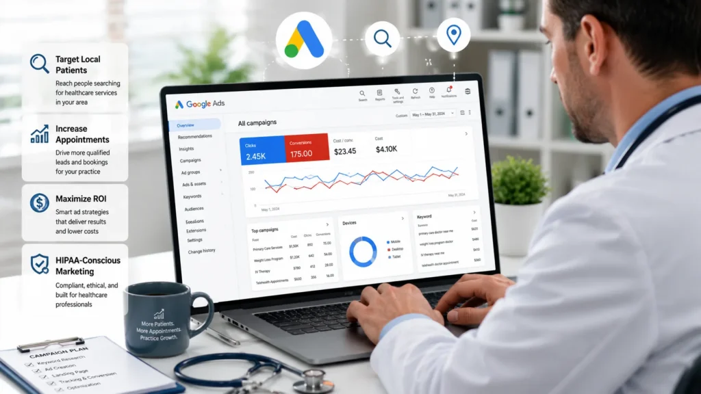 Doctor reviewing a Google Ads campaign dashboard showing clicks, conversions, cost per conversion, and top healthcare campaigns