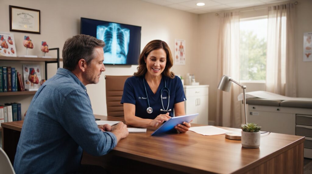 Doctor reviewing digital advertising results with a patient on a tablet in a medical clinic