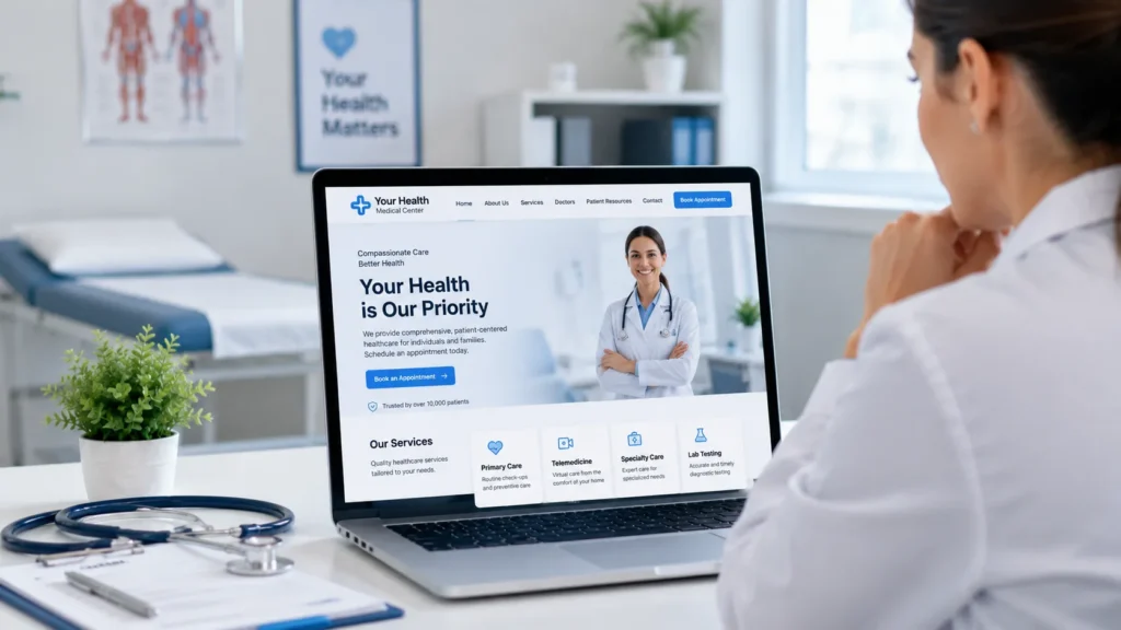 Modern medical practice website homepage on a laptop with a clear hero message, appointment booking, and service highlights