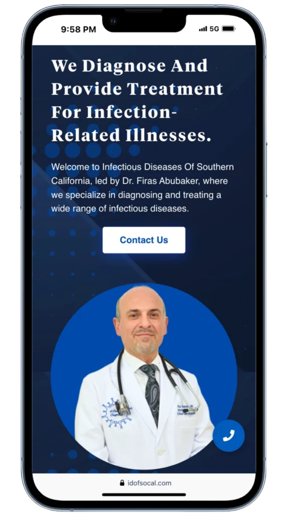 Infectious Diseases of Southern California website shown on a smartphone