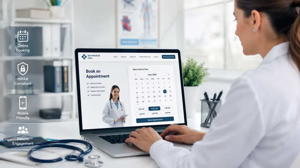Medical practice website with an online appointment booking calendar, shown on a laptop with mobile-friendly and HIPAA-compliant features